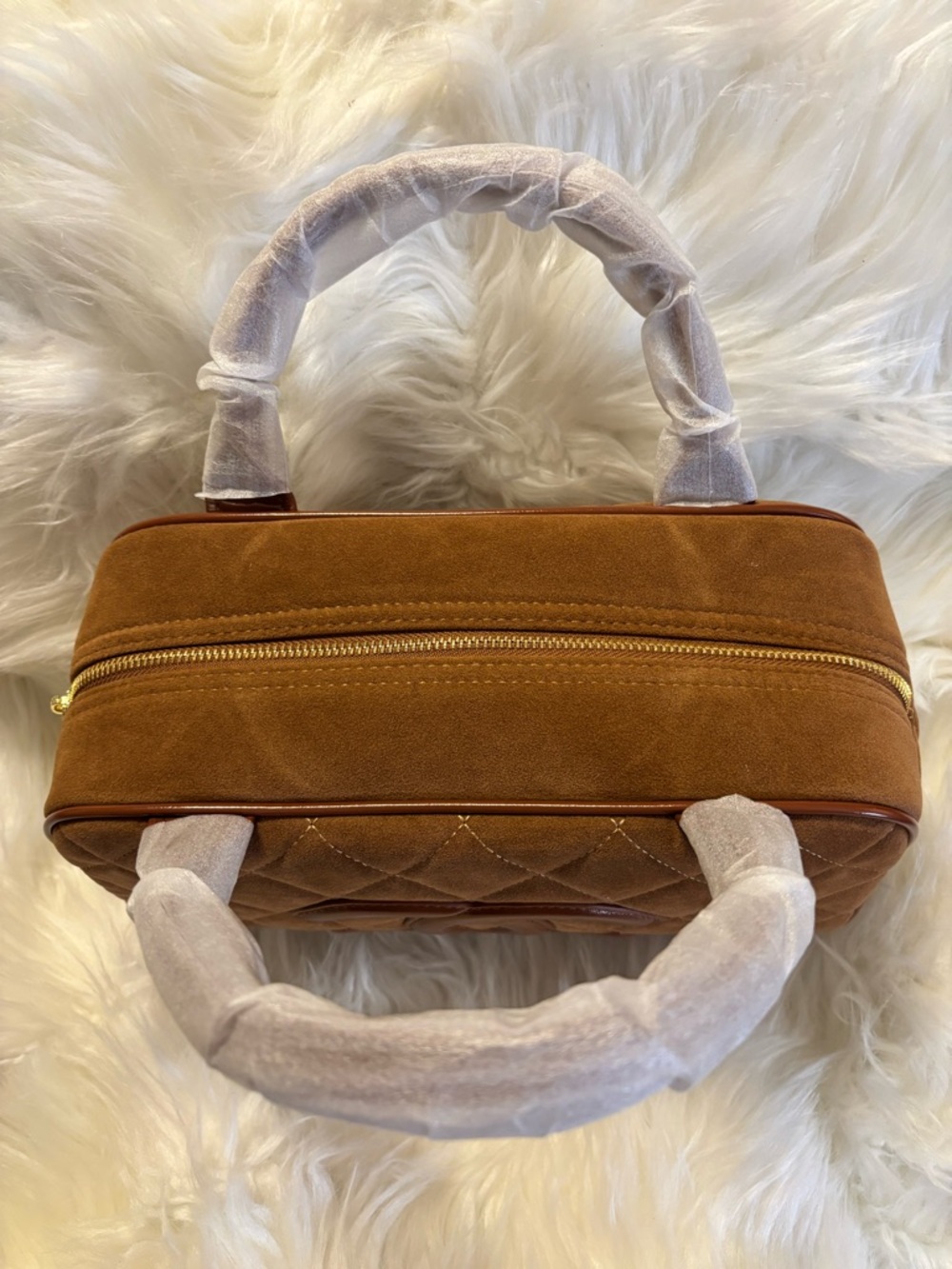 Brown Quilted Suede Top-Handle Satchel with Patent CC Logo - Picture 6 of 9